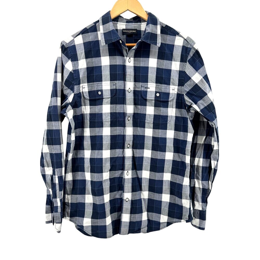 Banana Republic Men's Classic Plaid Long Sleeve Blue Cotton Shirt–Medium
